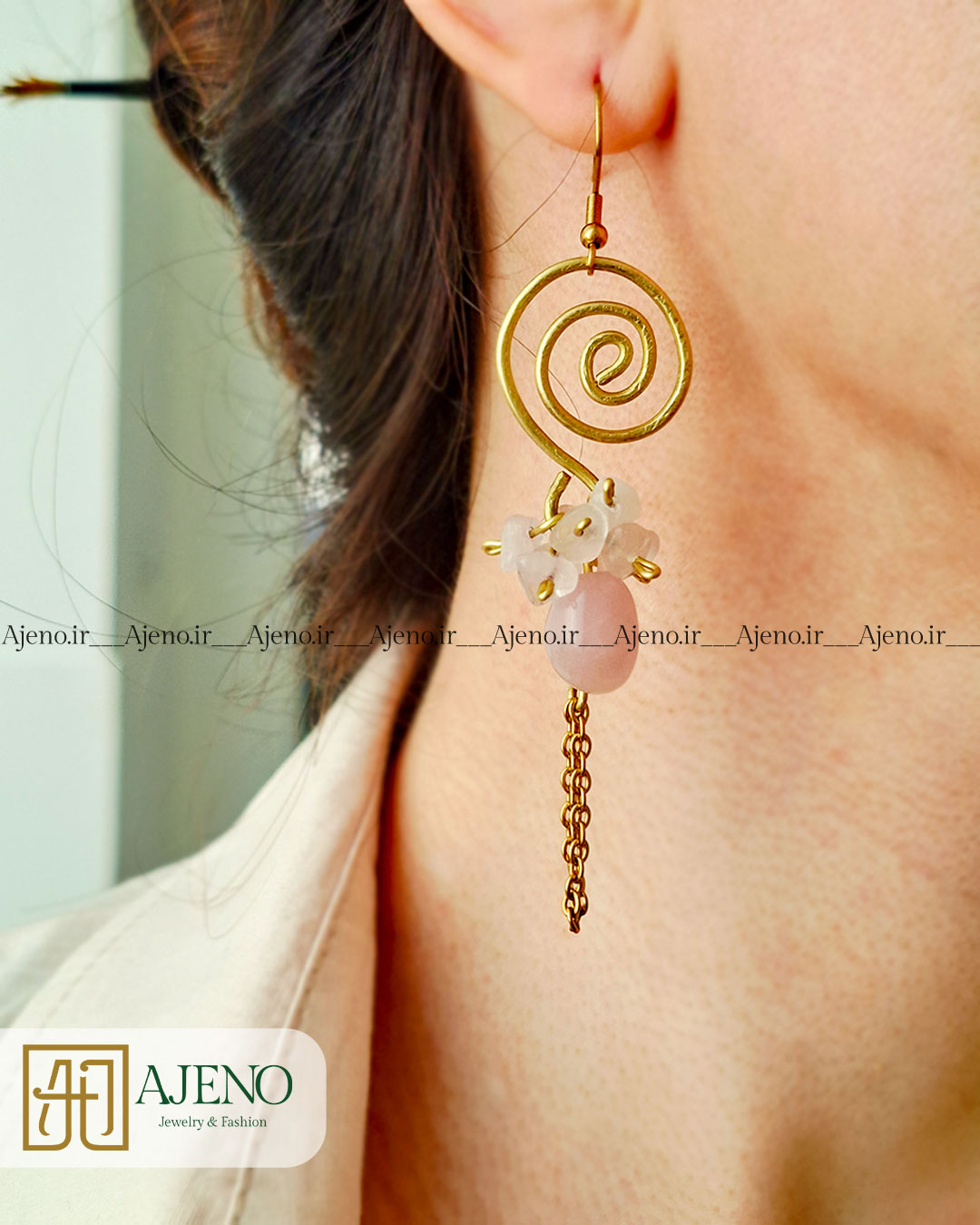 گوشواره سنگ/ گوشواره دست ساز/ گوشواره برنجی دست ساز/ رز کوارتز/ سنگ رز کوارتز/ گوشواره رز کوارتز
